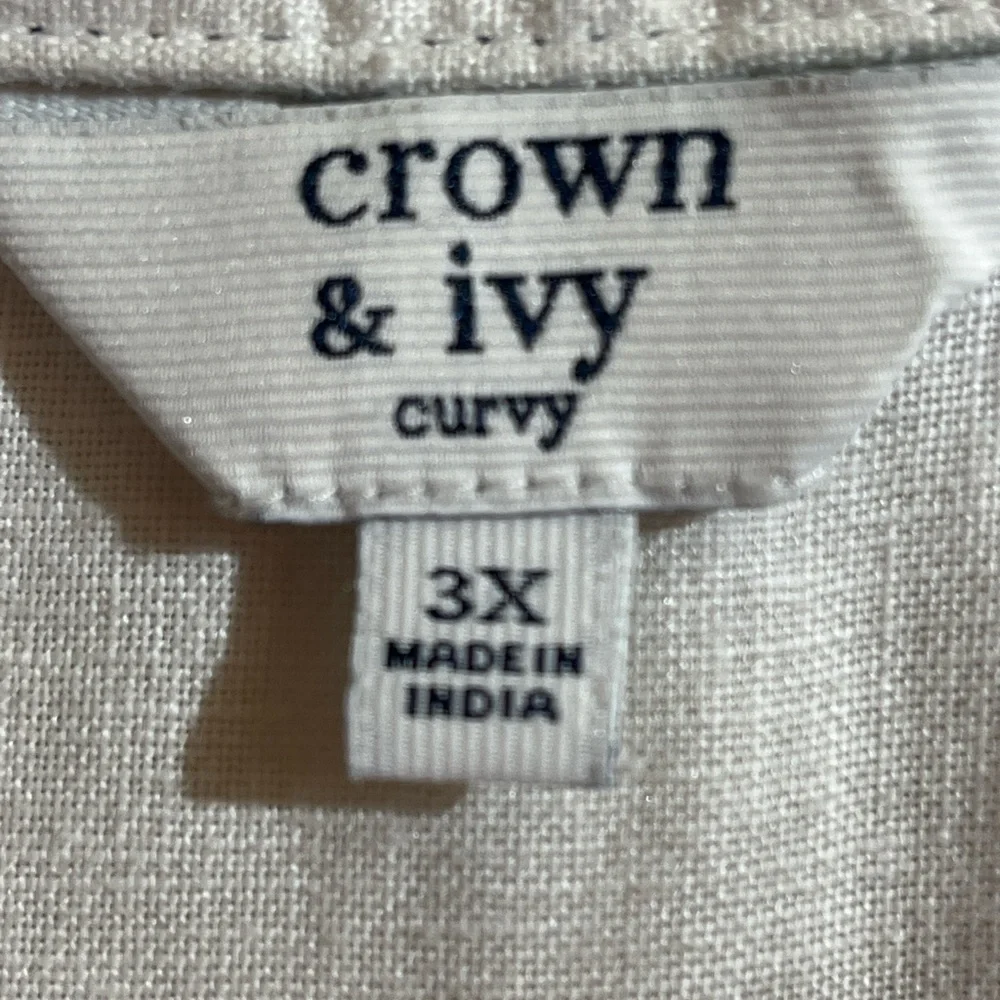 Crown & Ivy Curvy 3X Linen Tunic Top White Navy Trim Long Sleeve Plus Size Boho - Picture 3 of 4